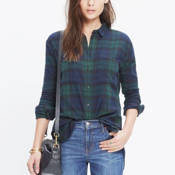 Madewell Flannel Oversized Boyshirt WMNS XS Green Plaid Button Up Long Sleeves - Picture 2 of 9
